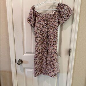 Floral Tie-Front Short Sleeve Dress in Yellow and Purple ROW A size small